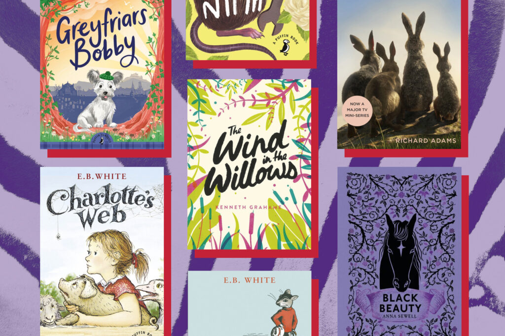 A picture of a several different books that centre around animals on a light purple background with dark stripes